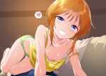  1boy 1girl blue_eyes blush breasts collarbone commentary_request downblouse elpeo_puru fang green_panties gundam gundam_zz heart indoors long_sidelocks looking_at_viewer loose_clothes loose_shirt minazuki_noumu nipples no_bra on_person orange_hair panties parted_lips pov shirt short_hair sidelocks skin_fang small_breasts smile solo_focus speech_bubble spoken_heart strap_slip tank_top teeth thighs underwear underwear_only yellow_shirt 