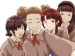  4girls brown_hair closed_eyes collar commentary english_commentary facing_viewer hair_ornament hairclip hand_on_another's_shoulder highres iwakura_lain katou_juri_(serial_experiments_lain) long_hair mizuki_alice multiple_girls oisiiidoo red_ribbon ribbon school_uniform selfie serial_experiments_lain short_hair smile twintails white_background white_collar x_hair_ornament yamamoto_reika 