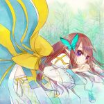  1girl arch_bishop_(ragnarok_online) back_bow blue_dress bow brown_hair butterfly_hair_ornament closed_mouth commentary_request cross dormir_(challco) dress feet_out_of_frame fishnet_thighhighs fishnets floating_clothes hair_ornament juliet_sleeves long_hair long_sleeves partially_submerged pointy_ears puffy_sleeves purple_eyes ragnarok_online ribbon ribbon-trimmed_thighhighs ribbon_trim solo thighhighs two-tone_dress water white_dress white_thighhighs yellow_bow yellow_ribbon 