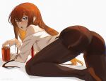  1girl ass bare_shoulders belt black_pantyhose black_shorts blue_eyes breasts brown_hair can censored commentary drink_can highres long_hair makise_kurisu mosaic_censoring necktie off_shoulder pantyhose pantyhose_under_shorts parted_lips red_necktie science_adventure shirt shorts small_breasts solo steins;gate unreal_fish very_long_hair white_belt white_shirt 