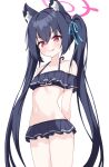  1girl :3 absurdres animal_ear_fluff animal_ears arm_behind_back bare_shoulders bikini black_bikini black_hair black_skirt blue_archive blue_ribbon bluetea1024 blush breasts cat_ears cat_girl closed_mouth collarbone commentary cowboy_shot double-parted_bangs extra_ears fang frilled_skirt frills furrowed_brow hair_between_eyes hair_ribbon halo highres legs_together long_hair looking_at_viewer medium_breasts navel off-shoulder_bikini off_shoulder official_alternate_costume pink_halo red_eyes ribbon ruffle_bikini serika_(blue_archive) serika_(swimsuit)_(blue_archive) simple_background skirt smile solo split_mouth standing stomach straight_hair swimsuit thighs tsurime twintails v-shaped_eyebrows very_long_hair white_background 