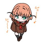  1girl aqua_eyes black_socks blush_stickers breasts brown_dress brown_shoes commentary_request dress eighth_note full_body hair_ornament hasu_no_sora_school_uniform hinoshita_kaho leaning_forward loafers long_sleeves looking_at_viewer love_live! love_live!_hasu_no_sora_jogakuin_school_idol_club medium_breasts musical_note neckerchief orange_hair puckered_lips rabbit_hair_ornament red_neckerchief sailor_collar sailor_dress school_uniform shinanoya_(satanicad) shoes simple_background socks solo spoken_musical_note two_side_up virtual_youtuber whistling white_background white_sailor_collar winter_uniform 