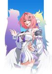  3girls :o ;o absurdres beliora_vike blue_background border breasts bridal_gauntlets commentary dress hair_intakes highres large_breasts medium_hair multiple_girls one_eye_closed pink_hair pointy_ears purple_eyes remielle_dan short_dress silhouette solo_focus sunbringer_(original)_(zenless_zone_zero) thighhighs thighs white_border white_dress white_thighhighs white_wings wings yaro_yk zenless_zone_zero 