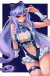  1girl arm_up bare_shoulders blue_background bow bowtie breasts clothing_cutout commentary_request drill_hair frilled_one-piece_swimsuit frilled_wrist_cuffs frills hair_bow leaning_back long_hair mole mole_under_eye multicolored_hair navel official_alternate_costume one-piece_swimsuit open_mouth pointy_ears purple_bow purple_bowtie purple_hair red_eyes simple_background sitting solo stomach_cutout sungjun7287 swimsuit thigh_strap two-tone_one-piece_swimsuit vivian_banshee vivian_banshee_(iris_of_the_shore) white_one-piece_swimsuit wrist_cuffs zenless_zone_zero 