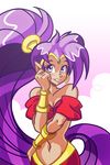  arabian_clothes bandeau blue_eyes blush bracer breasts cleavage dark_skin detached_sleeves earrings hair_tubes highres hoop_earrings jewelry lips long_hair louis_lloyd-judson midriff navel pointy_ears ponytail purple_hair shantae_(character) shantae_(series) small_breasts smile solo very_long_hair 