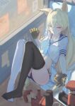  1girl absurdres animal_ears asymmetrical_legwear black_thighhighs blonde_hair blue_buruma blue_eyes breasts buruma character_doll commander_(girls'_frontline) commentary_request covenant_halo_(girls'_frontline_2) doll faelynn_(girls'_frontline_2) faelynn_(sunkissed_shimmer)_(girls'_frontline_2) fox_ears g41_(girls'_frontline) girls'_frontline girls'_frontline_2:_exilium hair_between_eyes hair_ornament highres long_hair looking_at_viewer mismatched_legwear momoxue navel shirt small_breasts smile solo sphere_hair_ornament thighhighs twintails very_long_hair white_shirt white_thighhighs 