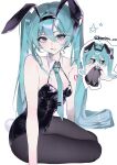  1girl animal_ear_hairband animal_ears aqua_eyes aqua_hair aqua_necktie black_hairband black_leotard black_pantyhose blush blush_stickers border breasts bunny_day chibi chibi_inset collar commentary detached_collar fake_animal_ears full_body hair_intakes hairband hand_up hands_on_floor hatsune_miku highres invisible_floor kaminn0629 leotard long_hair looking_at_viewer looking_to_the_side necktie number_tattoo on_floor pantyhose playboy_bunny rabbit_ear_hairband rabbit_ears rabbit_tail simple_background single_blush_sticker sitting small_breasts solo star_(symbol) tail tattoo twintails untranslatable_commentary very_long_hair vocaloid white_background white_border white_collar 