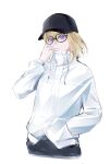  1girl bang_dream! bang_dream!_it's_mygo!!!!! baseball_cap black_hat blonde_hair commentary glasses hand_in_pocket hat highres jacket long_sleeves medium_hair misumi_uika purple_eyes simple_background solo tao_hua21781 untranslatable_commentary white_background white_jacket 