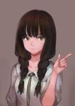  1girl braid breasts brown_background brown_hair closed_mouth collared_shirt commentary_request green_eyes hand_up highres index_finger_raised jun_(navigavi) long_hair long_sleeves looking_at_viewer nose original shirt simple_background small_breasts smile solo twin_braids upper_body white_shirt 