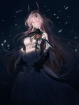  1girl absurdres arknights ashen_illust black_background black_dress black_horns breasts cleavage_cutout closed_mouth clothing_cutout commentary dark dress hair_between_eyes hair_intakes highres horns light_particles long_sleeves looking_at_viewer medium_breasts own_hands_together pink_eyes pink_hair solo standing theresa_(arknights) turtleneck turtleneck_dress white_dress 