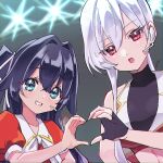  2girls bare_arms bare_shoulders black_gloves black_hair blue_eyes commentary eiai_nano fingerless_gloves gloves grin hair_between_eyes hair_intakes hair_ribbon headset heart heart_hands heart_hands_duo idol_clothes kimi_no_koto_ga_dai_dai_dai_dai_daisuki_na_100-nin_no_kanojo long_hair looking_at_viewer multiple_girls open_mouth puffy_short_sleeves puffy_sleeves ribbon short_sleeves sleeveless smile stage_lights syuuka617 untranslatable_commentary upper_body white_hair white_ribbon yoshimoto_shizuka 