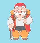  1boy black_eyes blue_background cane commentary_request dragon_quest dragon_quest_xi full_body looking_at_viewer male_focus old old_man open_mouth orange_pants pants red_vest row_(dq11) shirt simple_background sirokitten solo standing vest white_shirt 