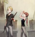  1boy 1girl ahoge arms_up belt black_belt black_tank_top blonde_hair breasts brown_hair closed_mouth collarbone commentary_request feet_out_of_frame fence fingerless_gloves from_side gloves grey_eyes grey_pants grey_shirt highres holding holding_mace holding_weapon jun_(navigavi) lips long_hair looking_at_another looking_up mace nose open_hand open_mouth original outdoors pants ponytail red_gloves shirt short_hair short_sleeves small_breasts smile standing tank_top weapon wooden_fence 