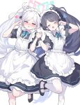  2girls absurdres alternate_costume apron aqua_ribbon aris_(blue_archive) aris_(maid)_(blue_archive) arm_up black_dress blue_archive blue_hair blush commentary_request dress frilled_apron frilled_dress frills halo hand_up heart highres holding_hands kei_(blue_archive) kei_(student)_(blue_archive) long_hair looking_at_viewer maid maid_apron maid_headdress mola_mola multiple_girls official_alternate_costume open_mouth pantyhose parted_bangs peanut_mouth pink_eyes ponytail rectangular_halo revision ribbon ringed_eyes short_sleeves siblings simple_background sisters small_sweatdrop smile standing standing_on_one_leg twins white_apron white_background white_hair white_pantyhose 