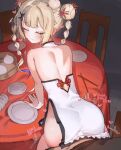  1boy 1girl absurdres amanogawa_shiina arm_support ass back bent_over black_shirt braid breasts center-flap_bangs chinese_clothes chocosong chopsticks closed_eyes closed_mouth colored_inner_hair commentary_request commission double-parted_bangs double_bun dress grey_hair hair_bun hair_ornament hairclip highres implied_sex indoors long_hair median_furrow multicolored_hair phase_connect pixiv_commission plate purple_hair purple_streaks qipao sex sex_from_behind shirt short_dress sleeveless sleeveless_dress small_breasts solo_focus sound_effects standing_doggystyle streaked_hair table twin_braids virtual_youtuber white_dress 