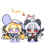  2girls ahoge armband black_armband black_bow black_gloves black_horns black_pants blonde_hair bow chibi chibi_only collared_shirt commentary_request curled_horns demon_tail dress gloves hair_bow hat highres horns long_hair looking_at_viewer medium_hair multiple_girls necktie open_mouth pants phoebe_(wuthering_waves) purple_eyes red_eyes red_necktie shirt simple_background smile striped_bow syurikenmaru tail tight_clothes tight_pants very_long_hair white_background white_dress white_hair white_hat white_shirt wuthering_waves zani_(wuthering_waves) 