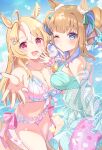  2girls absurdres ahoge almond_eye_(natsuzora_chirutime)_(umamusume) almond_eye_(umamusume) animal_ears aqua_bikini aqua_ribbon bikini blonde_hair blue_bikini blue_eyes blush breasts brown_hair cleavage colored_inner_hair commentary_request ear_covers fusaichi_pandora_(snatchin'_hearts)_(umamusume) fusaichi_pandora_(umamusume) hair_between_eyes hair_ornament hairclip highres horse_ears horse_girl horse_tail jacket jewelry large_breasts long_hair looking_at_viewer multicolored_hair multiple_girls navel official_alternate_costume official_alternate_hairstyle open_mouth red_eyes ribbon see-through_clothes see-through_jacket single_ear_cover smile stomach swimsuit symbol-shaped_pupils tail twintails umamusume umishima_rinta x-shaped_pupils 