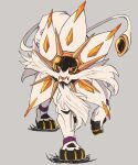  black_sclera bright_pupils colored_sclera commentary grey_background highres looking_at_viewer no_humans orange_eyes pokemon pokemon_(creature) pokemon_focus rei_(esprei96) simple_background solgaleo solo standing white_fur white_pupils 