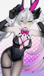  1girl animal_ears bare_shoulders black_hands black_leotard blush body_markings bow bowtie breasts brown_pantyhose cleavage colored_extremities commentary_request crossed_bangs demon_girl demon_horns detached_collar fake_animal_ears fate/grand_order fate_(series) green_eyes grey_hair hair_between_eyes highleg highleg_leotard highres horns large_breasts leotard lilith_(fate) long_hair looking_at_viewer open_mouth pantyhose playboy_bunny pointy_ears rabbit_ears sakura_kaoru_04 solo thighs twintails very_long_hair wrist_cuffs 