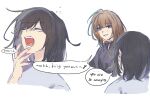  2girls black_hair brown_hair commentary english_commentary english_text grey_shirt long_hair medium_hair miyagi_shiori multiple_girls niigouki open_mouth purple_eyes sendai_hazuki shirt shuuniichido_classmate_wo_kau_hanashi simple_background squeans white_background yawning 