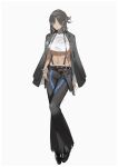  1girl absurdres black_coat black_hair black_shoes bracelet breasts chaps coat colt_walker colt_walker_(girls'_frontline) commentary_request earrings girls'_frontline green_eyes gun hair_over_eyes highres holster jewelry looking_at_viewer medium_hair midriff navel revolver shoes simple_background solo star_pin sutekina_awa tan turtleneck underboob weapon white_background 