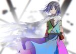  1girl bag blurry blurry_background cape chinese_commentary closed_mouth commentary_request dress hairband highres looking_at_viewer maisuiren multicolored_dress multicolored_hairband purple_eyes sack short_hair solo standing tears tenkyuu_chimata torn_clothes touhou white_background white_cape 