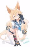  1girl absurdres animal_ears asymmetrical_legwear blonde_hair blue_buruma blue_eyes blue_sailor_collar buruma crop_top dated faelynn_(girls'_frontline_2) faelynn_(sunkissed_shimmer)_(girls'_frontline_2) fox_ears fox_girl g41_(girls'_frontline) girls'_frontline girls'_frontline_2:_exilium hair_between_eyes hair_ornament highres long_hair looking_at_viewer mismatched_legwear mixian one_eye_closed sailor_collar shirt signature solo sphere_hair_ornament thighhighs twintails very_long_hair white_background white_shirt white_thighhighs 