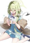  1girl :d absurdres blue_archive blue_dress blue_slippers blush collarbone commentary cup demon_tail dress fang frilled_dress frills full_body green_hair green_halo hair_between_eyes hair_over_shoulder halo highres holding holding_cup lastation14 legs long_hair looking_at_viewer nozomi_(blue_archive) nozomi_(kujibikido)_(blue_archive) official_alternate_costume open_mouth pointy_ears scrunchie short_sleeves simple_background sitting slippers smile solo tail wariza white_background white_scrunchie yellow_eyes 