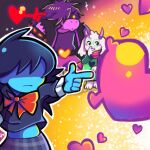  1boy 1girl 1other ajbrojoe black_eyes blue_hair blue_skin cloak closed_mouth colored_skin deltarune english_commentary frown furry furry_female furry_male goat_boy green_cloak heart highres horns kris_(dark_world)_(deltarune) kris_(deltarune) long_hair midriff no_eyes pink_horns pink_scarf plaid_clothes plaid_skirt pointing ralsei red_soul_(utdr) reptile_girl round_eyewear scarf shaded_face skirt soul_(character)_(deltarune) soul_(utdr) spiked_hair susie_(dark_world)_(deltarune) susie_(deltarune) utdr_(toby_fox) white_fur yellow_eyes 