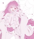  1girl absurdres azur_lane blush braid breasts cleavage commentary eyes_visible_through_hair fellatio_gesture hair_over_one_eye hand_up highres horns huge_breasts japanese_clothes long_hair looking_at_viewer low-braided_long_hair low-tied_long_hair monochrome petals pink_hair red_eyes red_nails sayan silk solo spider_web takahashi_(azur_lane) tongue tongue_out veil very_long_hair wide_sleeves 