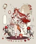  1girl 4others absurdres analog_clock animal_ears ankle_ribbon back_bow bandaged_neck bandages bead_necklace beads black_bow black_coat black_ribbon black_shoes bottle bow bracelet bud castle chibi chibi_inset clock coat commission crinoline cross-laced_clothes cross-laced_dress crown crystal_print cup curtained_hair dress dress_flower drinking_glass elbow_gloves fiery_ears flower flower_tattoo food food-themed_ornament footwear_bow fork fox_ears fox_girl frilled_gloves frills fruit full_body gem gloves hair_between_eyes hair_bow hair_flower hair_ornament hairband highres holding holding_fork holding_tray holding_wand jewelry knees_apart_feet_together leg_ribbon leg_tattoo long_hair looking_at_viewer mihuashi_commission mini_crown mini_person mole mole_under_each_eye mole_under_eye multiple_moles multiple_others necklace object_head original oversized_fork pants parted_lips pearl pearl_bracelet pearl_hairband picture_frame pomegranate pomegranate_flower red_bow red_flower red_hair red_ribbon ribbon rug seiza shoes short_dress sitting socks solo standing strapless strapless_dress tattoo themed_object thigh_strap train_(clothing) tray very_long_hair wand watermark white_bow white_dress white_flower white_gem white_gloves white_pants white_ribbon white_socks wine_bottle wine_glass yige_mianbao 