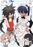  4boys apron bare_arms bare_shoulders black_dress black_eyes black_hair blonde_hair blue_eyes blue_hair blue_necktie blush brown_eyes brown_shorts chibi collarbone collared_shirt commentary cosplay costume_switch cousins creator_connection crossdressing crossdressing_(mtf) crossed_arms crossover curtained_hair dark-skinned_male dark_skin double-parted_bangs dress embarrassed enmaided fang fangs feet_out_of_frame ferea_bimi frilled_apron frills frown full_body grey_eyes grey_pants grid_background hair_between_eyes hands_in_pockets highres holding_own_dress ichihashi_kei ichihashi_kei_(cosplay) ichihashi_kouhei inaka_ni_kaeru_to_yakeni_natsuita_kasshoku_ponytail_shota_ga_iru jitome long_dress long_hair long_sleeves looking_at_another maid maid_apron male_focus male_maid mao_(toudou-kun_chi_no_maid_shota) mao_(toudou-kun_chi_no_maid_shota)_(cosplay) mole mole_under_mouth multiple_boys necktie official_art open_mouth pants parted_bangs peanut_mouth ponytail red_tank_top shirt short_hair short_shorts shorts sidelocks signature skin_fang small_sweatdrop speech_bubble spiked_hair standing tank_top toudou-kun_chi_no_maid_shota toudou_rennosuke translation_request trap tsurime v-shaped_eyebrows white_apron white_shirt 