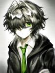 1boy absurdres bags_under_eyes bandage_on_cheek black_hair black_jacket chinese_commentary collared_shirt commentary_request degrees_of_lewdity from_side gangsiqiu_zhansi green_eyes green_necktie highres hood hood_down hooded_jacket jacket kylar_(degrees_of_lewdity) kylar_(male)_(degrees_of_lewdity) long_sleeves male_focus necktie one_eye_covered open_clothes open_jacket parted_lips raised_inner_eyebrows reaching reaching_towards_viewer sad shirt short_hair simple_background solo upper_body white_shirt 