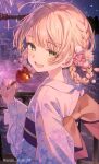  1girl artist_name azuki_mochi132 blonde_hair blush bow braid braided_hair_rings candy_apple commentary dot_nose fireworks floating_hair floral_print floral_print_kimono flower food from_side green_eyes hair_flower hair_ornament hair_rings hand_up highres holding holding_candy_apple holding_food indie_virtual_youtuber japanese_clothes kimono looking_at_viewer making-of_available night obijime open_mouth outdoors pink_kimono pom_pom_(clothes) pom_pom_hair_ornament print_kimono purple_sash raised_eyebrows sash shigure_ui_(vtuber) short_hair sidelocks smile solo sparkle swept_bangs teeth turning_head twitter_username untranslatable_commentary upper_body upper_teeth_only virtual_youtuber water yellow_bow yukata 