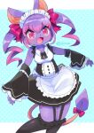  1girl :d absurdres animal_ears apron arm_warmers black_arm_warmers black_dress blue_background blush bow commentary_request double-parted_bangs dress fang feet_out_of_frame frilled_apron frilled_arm_warmers frills furry furry_female garter_straps hair_between_eyes hair_bow highres letterboxed long_hair maid maid_headdress multicolored_hair open_mouth original outside_border pink_bow pink_eyes pink_hair po!_(popoemo) polka_dot polka_dot_background purple_fur purple_hair short_dress sidelocks sleeveless sleeveless_dress smile solo standing tail tail_bow tail_ornament twintails twitter_username two-tone_hair white_apron 