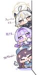  3girls :< :t ahoge beret black_hair blonde_hair blue_dress blue_hat blush_stickers bright_pupils chibi chibi_only closed_eyes closed_mouth commentary detached_wings dress grey_eyes grey_hair hair_intakes halo hat highres japanese_clothes mayo_(trickcal) miko multicolored_hair multiple_girls open_mouth peeking_out pout purple_eyes purple_hair renewa_(trickcal) smile stack streaked_hair syurikenmaru translated trickcal white_pupils wings yellow_halo yomi_(trickcal) 