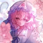 1girl blue_hat blue_ribbon blurry blurry_foreground cherry_blossoms commentary_request crossed_bangs dot_nose expressionless falling_petals frilled_shirt_collar frills hand_up hat highres hitodama japanese_clothes long_sleeves looking_at_viewer medium_hair mob_cap neck_ribbon parted_lips petals pinching_sleeves pink_eyes pink_hair pink_petals portrait ribbon ribbon-trimmed_collar ribbon-trimmed_sleeves ribbon_trim saigyouji_yuyuko sidelighting sleeves_past_wrists solo takave touhou triangular_headpiece wavy_hair wide_sleeves 