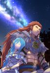  1boy 1girl abs blue_hair closed_eyes closed_mouth commentary_request hair_between_eyes highres husband_and_wife lila_mistral muscular muscular_male night outdoors red_hair rollo_northgand shimakusa_arou sky smile star_(sky) starry_sky ys ys_x:_nordics 