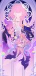  2girls absurdres ankle_flower bare_shoulders book bow_(weapon) breasts ceremonial_blade_(honkai:_star_rail) chinese_commentary coat commentary_request cyrene_(demiurge)_(honkai:_star_rail) cyrene_(honkai:_star_rail) cyrene_(philia093)_(honkai:_star_rail) dated detached_sleeves diamond-shaped_pupils diamond_(shape) dress dress_flower earrings faceless faceless_female flower full_body hair_flower hair_intakes hair_ornament halo halo_behind_head high_heels highres holding holding_book holding_quill honkai:_star_rail honkai_(series) jewelry large_breasts layered_dress leaf_hair_ornament liuyungeliyuyuzi long_hair mem_(honkai:_star_rail) multicolored_dress multicolored_hair multicolored_ribbon multiple_girls neck_flower necklace pink_hair planet planet_earrings pointy_ears projected_inset purple_coat purple_dress purple_eyes purple_sleeves quill ribbon short_hair short_sleeves sitting small_breasts smile symbol-shaped_pupils two-tone_hair upper_body very_long_hair weapon white_dress white_hair white_halo white_sleeves wide_sleeves wrist_ribbon 