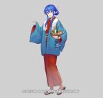  1girl bath_yukata blue_eyes blue_hair blue_robe blush breasts bucket caeda_(cleansed_princess)_(fire_emblem) caeda_(fire_emblem) commentary_request fire_emblem fire_emblem:_mystery_of_the_emblem fire_emblem_heroes full_body hair_bun holding ichikawa_haru japanese_clothes kimono long_hair long_sleeves looking_at_viewer official_alternate_costume official_alternate_hairstyle official_art open_mouth red_kimono robe sandals sidelocks simple_background smile solo towel towel_around_neck wide_sleeves wooden_bucket yukata 