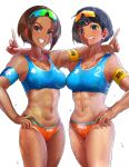  abs absurdres arm_around_shoulder arm_strap armband black_eyes black_hair blue_sports_bra buruma commentary_request dark-skinned_female dark_skin eyewear_on_head green-tinted_eyewear grin hand_on_another's_shoulder highres jewelry kilesha midriff muscular muscular_female navel necklace orange-tinted_eyewear orange_buruma original pointing pointing_up smile sports_bikini sports_bra tareme teeth tinted_eyewear track_uniform upper_teeth_only 