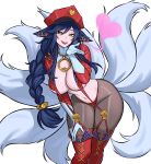 1girl absurdres ahri_(league) bent_over blowing_kiss blue_hair boots braid breasts cuffs earrings fox_girl hand_on_own_hip handcuffs highres jewelry kitsune kyuubi league_of_legends licking_lips long_hair looking_at_viewer multiple_earrings multiple_tails red_boots single_braid slit_pupils tail thick_thighs thighs tongue tongue_out zeon_(zzeeonn) 