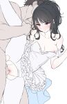  1boy 1girl black_hair blush breasts censored commentary daram_(shappydude) hetero highres idolmaster idolmaster_shiny_colors kazano_hiori long_hair medium_breasts mole mole_under_mouth mosaic_censoring nipples pantyhose ponytail purple_eyes sex simple_background spooning sweat sweatdrop swept_bangs torn_clothes torn_pantyhose vaginal white_background white_pantyhose 