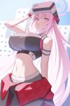  1girl absurdres arm_strap bare_shoulders black_bodysuit black_pants black_tank_top blue_archive bodysuit bodysuit_around_waist breasts commentary_request eimi_(armed)_(blue_archive) eimi_(blue_archive) gloves halo headgear highres large_breasts long_hair looking_at_viewer midriff navel open_mouth pants pink_eyes pink_hair pink_halo sainarohh solo tank_top unworn_bodysuit very_long_hair white_gloves 