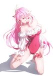  1girl absurdres bare_shoulders breasts choker cleavage commentary detached_sleeves diamond-shaped_pupils diamond_(shape) earrings elf elysia_(hi_love_elf)_(honkai_impact) elysia_(honkai_impact) elysia_(summer_2026)_(honkai_impact) euzh266 heart heart_earrings highres honkai_(series) honkai_impact_3rd jewelry kneeling large_breasts long_hair long_pointy_ears multicolored_hair official_alternate_costume one-piece_swimsuit pink_hair platform_sandals pointy_ears purple_eyes red_choker red_one-piece_swimsuit revision sandals simple_background smile solo swimsuit symbol-shaped_pupils thighs two-tone_hair very_long_hair white_background white_hair 