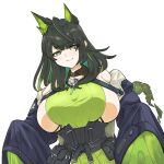  1girl absurdres ahoge alternate_breast_size_(larger) arknights bare_shoulders black_hair black_sash black_sleeves breasts chinese_commentary closed_mouth colored_inner_hair commentary_request detached_sleeves dress green_dress green_eyes green_hair green_sleeves highres huge_ahoge huge_breasts interfax light_blush looking_at_viewer medium_hair mon3tr_(arknights) multicolored_hair partial_commentary pouch sash simple_background sleeveless sleeveless_dress smile solo white_background 