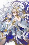  2girls absurdres arknights bare_shoulders blue_eyes blue_hair branch breasts character_request chise_(cym23730) commentary_request commission curtained_hair dragon_bean_(arknights) dragon_girl dragon_horns dragon_tail earrings eastern_dragon_horns eastern_dragon_tail eyeliner feet_out_of_frame floating_hair gradient_hair grey_hair hair_intakes hair_ornament hair_spread_out hair_stick half_updo hand_on_another's_shoulder highres horns jacket jewelry korean_commentary long_hair makeup multicolored_hair multiple_girls off_shoulder orange_eyeliner pants parted_bangs pointy_ears shu_(arknights) small_breasts strapless tail tassel tassel_earrings tube_top very_long_hair white_jacket white_pants white_tube_top yellow_hands zoom_layer 