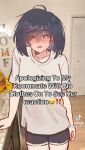  1girl absurdres apologizing_to_my_gf_with_no_clothes_on_(meme) black_hair black_shorts blue_eyes blush commentary earrings english_commentary english_text flower_earrings highres implied_yuri indoors jewelry kitchen medium_hair meme miyagi_shiori photo_background piapie06 shirt shorts shuuniichido_classmate_wo_kau_hanashi solo stud_earrings sweat tiktok tiktok_logo white_shirt 