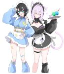  2girls ahoge animal_ear_fluff animal_ears animal_print bandaid bandaid_on_leg black_hair black_jacket black_skirt blue_eyes blue_jacket blue_skirt blush bow breasts cat_cutout cat_ears cat_print cat_tail cleavage cleavage_cutout closed_eyes closed_mouth clothing_cutout commentary crossed_bandaids embarrassed food frilled_hairband frilled_skirt frills hair_ornament hairband hairclip hand_on_another's_shoulder hand_on_own_hip hand_up harness_belt haseneko heart heart_hair_ornament highres holding holding_tray hololive hololive_dreams ice_cream ice_cream_float jacket jersey_maid large_breasts maid maid_headdress medium_hair midriff_peek multiple_girls nail_polish name_tag nekomata_okayu nekomata_okayu_(secret_post-feast) official_alternate_costume oozora_subaru pink_bow purple_hair purple_nails short_hair single_sock skirt sleeves_past_wrists socks standing star_(symbol) tail thigh_strap tray unconventional_maid virtual_youtuber white_background yellow_nails zipper_pull_tab 