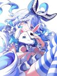  1girl absurdres ahoge alice's_adventures_in_wonderland alice_(alice_in_wonderland) alternate_costume alternate_hairstyle blue_bow blue_dress blue_eyes blue_hair blue_hairband blue_nails blue_pupils bow braid card character_name closed_mouth commentary datsha dress drop-shaped_pupils english_text eyelashes fingernails floating_hair four-pointed_star frills furina_(genshin_impact) genshin_impact hair_between_eyes hair_bow hairband heterochromia highres holding holding_card holding_stuffed_toy huge_ahoge large_bow long_hair looking_at_viewer low_twintails mismatched_pupils multicolored_hair nail_polish playing_card puffy_short_sleeves puffy_sleeves short_sleeves side_braid simple_background single_braid smile solo stuffed_animal stuffed_rabbit stuffed_toy symbol-shaped_pupils transparent_background twintails two-tone_hair upper_body very_long_hair wavy_hair white_bow white_hair 